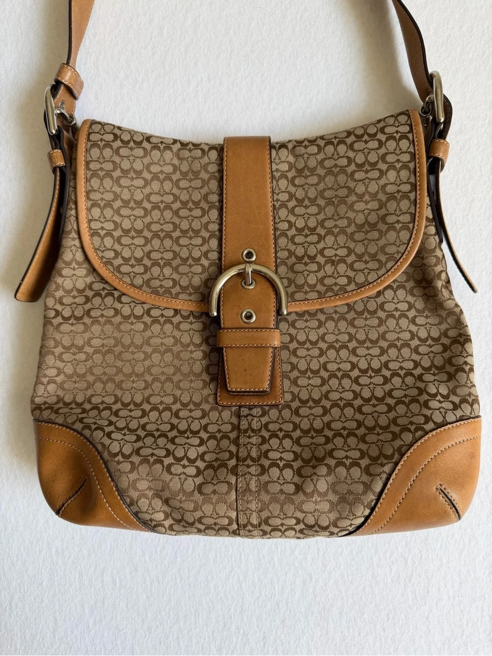 Vintage Coach Soho Signature Flap Shoulder Bag 6376 Khaki Jacquard Y2K leather